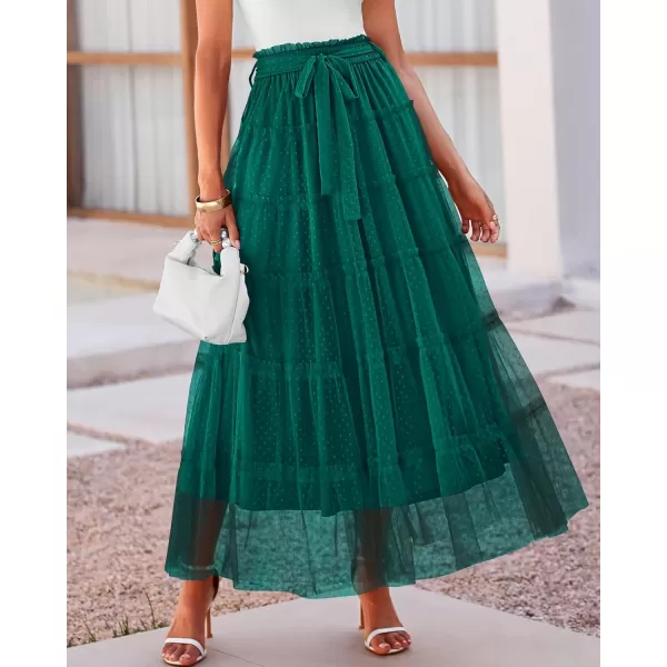 BTFBM Womens Skirts Party Cocktail 2024 Summer Fairy Skirt Elastic Waist Ruffle Tiered ALine Belt Tulle Maxi DressesSolid Dark Green