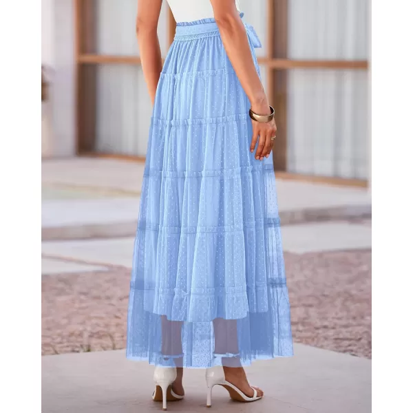 BTFBM Womens Skirts Party Cocktail 2024 Summer Fairy Skirt Elastic Waist Ruffle Tiered ALine Belt Tulle Maxi DressesSolid Light Blue