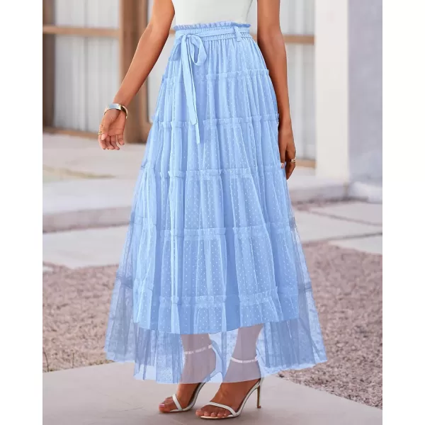 BTFBM Womens Skirts Party Cocktail 2024 Summer Fairy Skirt Elastic Waist Ruffle Tiered ALine Belt Tulle Maxi DressesSolid Light Blue