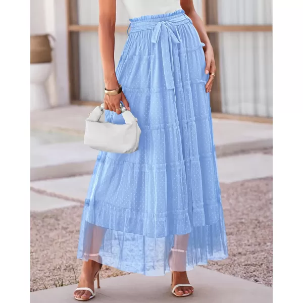 BTFBM Womens Skirts Party Cocktail 2024 Summer Fairy Skirt Elastic Waist Ruffle Tiered ALine Belt Tulle Maxi DressesSolid Light Blue