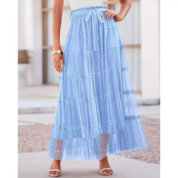 BTFBM Womens Skirts Party Cocktail 2024 Summer Fairy Skirt Elastic Waist Ruffle Tiered ALine Belt Tulle Maxi DressesSolid Light Blue