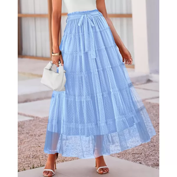 BTFBM Womens Skirts Party Cocktail 2024 Summer Fairy Skirt Elastic Waist Ruffle Tiered ALine Belt Tulle Maxi DressesSolid Light Blue