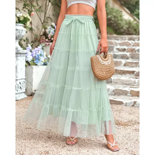 BTFBM Womens Skirts Party Cocktail 2024 Summer Fairy Skirt Elastic Waist Ruffle Tiered ALine Belt Tulle Maxi DressesSolid Light Green