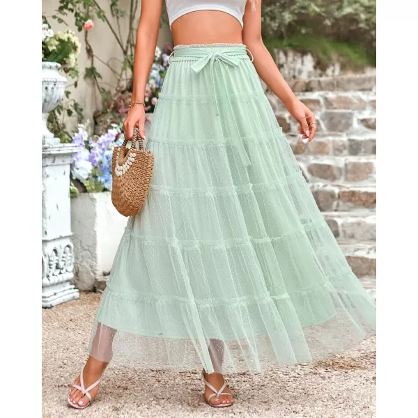BTFBM Womens Skirts Party Cocktail 2024 Summer Fairy Skirt Elastic Waist Ruffle Tiered ALine Belt Tulle Maxi DressesSolid Light Green