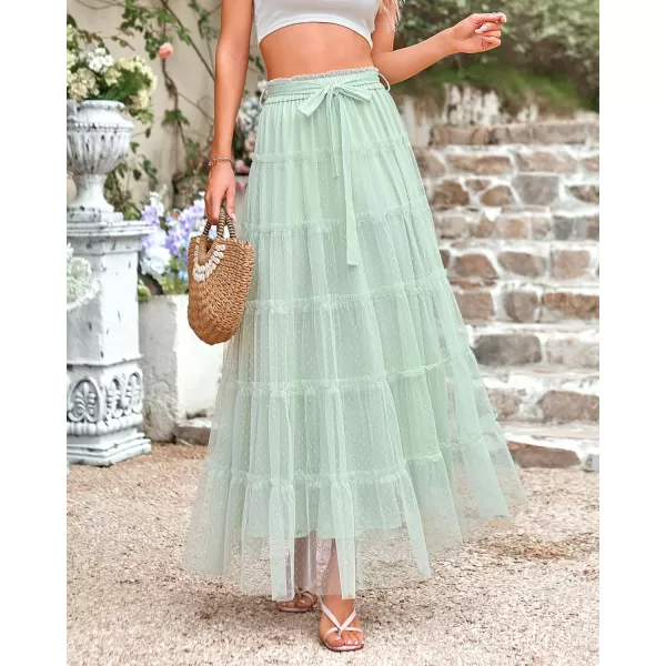 BTFBM Womens Skirts Party Cocktail 2024 Summer Fairy Skirt Elastic Waist Ruffle Tiered ALine Belt Tulle Maxi DressesSolid Light Green