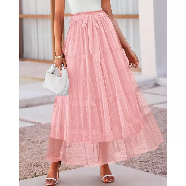 BTFBM Womens Skirts Party Cocktail 2024 Summer Fairy Skirt Elastic Waist Ruffle Tiered ALine Belt Tulle Maxi DressesSolid Pink