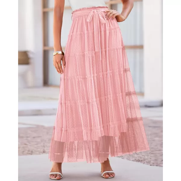 BTFBM Womens Skirts Party Cocktail 2024 Summer Fairy Skirt Elastic Waist Ruffle Tiered ALine Belt Tulle Maxi DressesSolid Pink