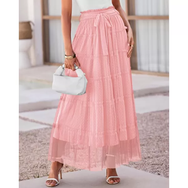 BTFBM Womens Skirts Party Cocktail 2024 Summer Fairy Skirt Elastic Waist Ruffle Tiered ALine Belt Tulle Maxi DressesSolid Pink