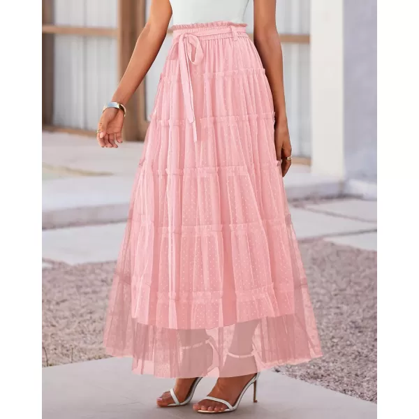BTFBM Womens Skirts Party Cocktail 2024 Summer Fairy Skirt Elastic Waist Ruffle Tiered ALine Belt Tulle Maxi DressesSolid Pink