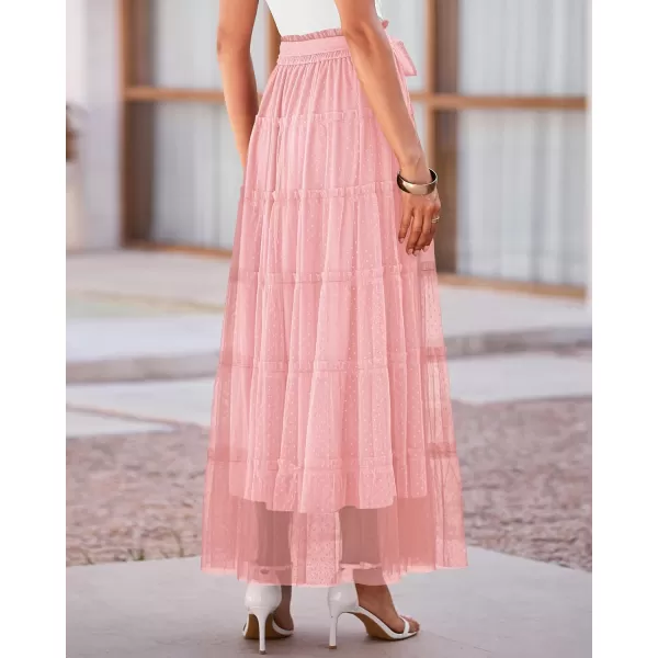 BTFBM Womens Skirts Party Cocktail 2024 Summer Fairy Skirt Elastic Waist Ruffle Tiered ALine Belt Tulle Maxi DressesSolid Pink