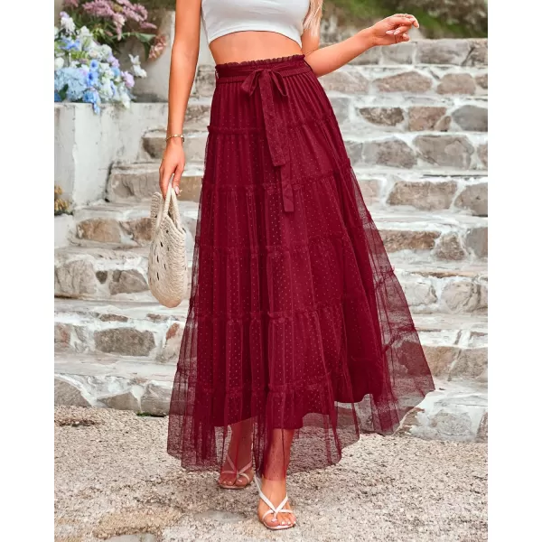 BTFBM Womens Skirts Party Cocktail 2024 Summer Fairy Skirt Elastic Waist Ruffle Tiered ALine Belt Tulle Maxi DressesSolid Wine Red