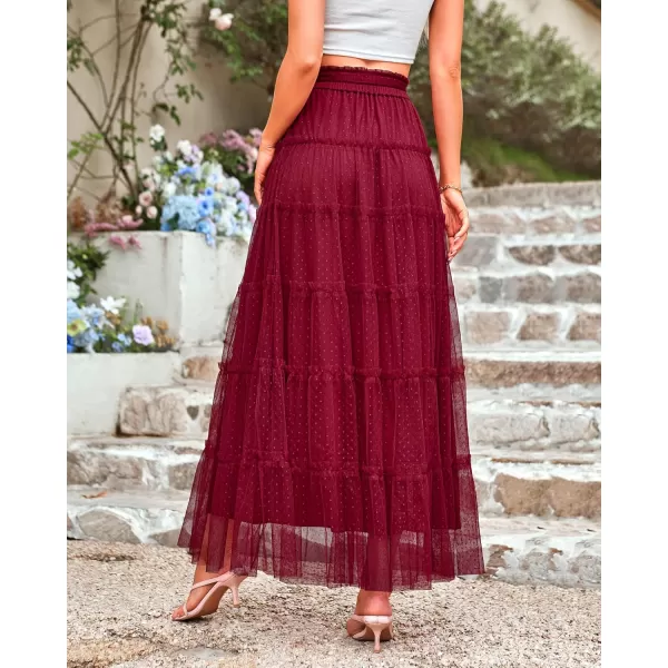 BTFBM Womens Skirts Party Cocktail 2024 Summer Fairy Skirt Elastic Waist Ruffle Tiered ALine Belt Tulle Maxi DressesSolid Wine Red