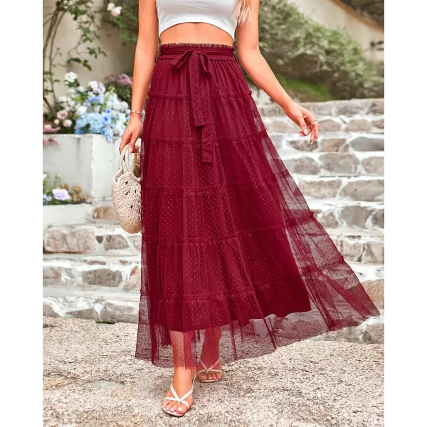 BTFBM Womens Skirts Party Cocktail 2024 Summer Fairy Skirt Elastic Waist Ruffle Tiered ALine Belt Tulle Maxi DressesSolid Wine Red