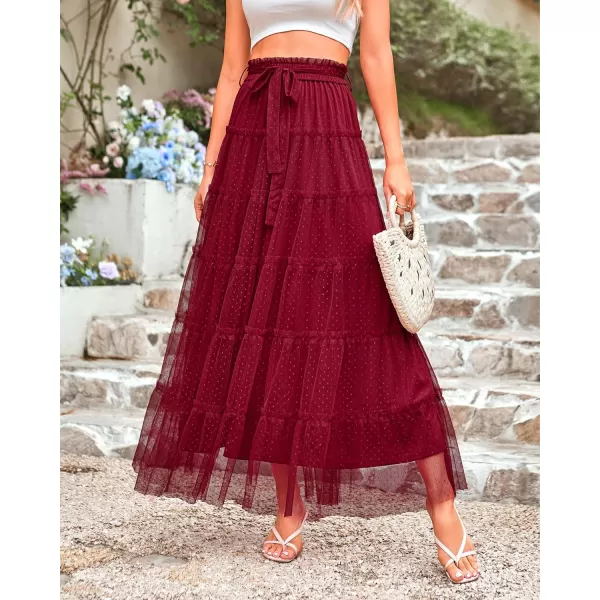BTFBM Womens Skirts Party Cocktail 2024 Summer Fairy Skirt Elastic Waist Ruffle Tiered ALine Belt Tulle Maxi DressesSolid Wine Red