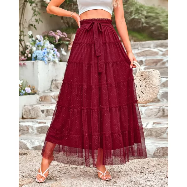 BTFBM Womens Skirts Party Cocktail 2024 Summer Fairy Skirt Elastic Waist Ruffle Tiered ALine Belt Tulle Maxi DressesSolid Wine Red