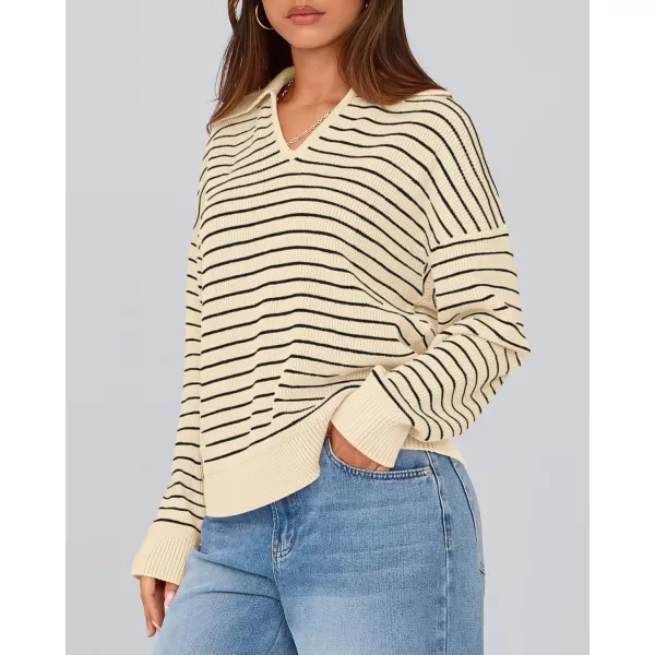 BTFBM Womens Striped Long Sleeve Sweater 2024 Fall Winter Fashion V Neck Lapel Collar Ribbed Knit Loose Pullover TopsStriped Apricot
