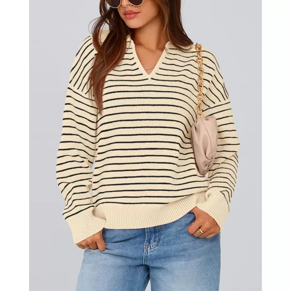 BTFBM Womens Striped Long Sleeve Sweater 2024 Fall Winter Fashion V Neck Lapel Collar Ribbed Knit Loose Pullover TopsStriped Apricot