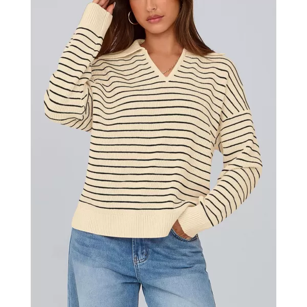 BTFBM Womens Striped Long Sleeve Sweater 2024 Fall Winter Fashion V Neck Lapel Collar Ribbed Knit Loose Pullover TopsStriped Apricot