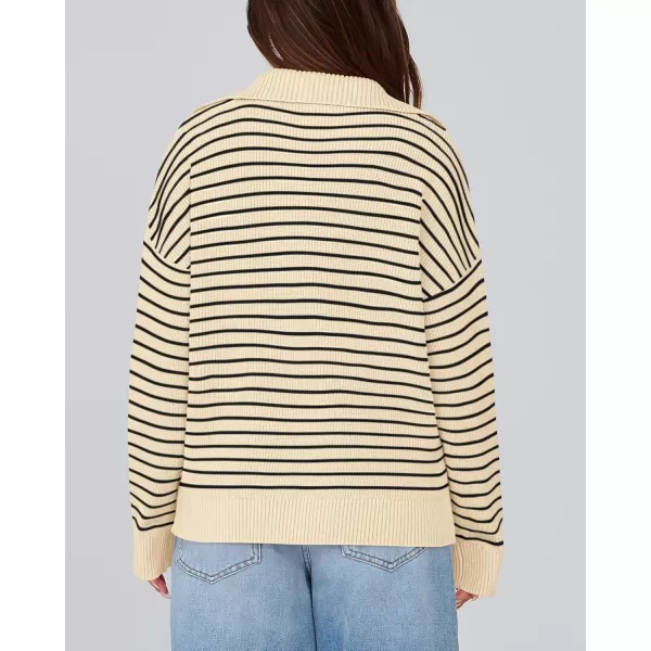 BTFBM Womens Striped Long Sleeve Sweater 2024 Fall Winter Fashion V Neck Lapel Collar Ribbed Knit Loose Pullover TopsStriped Apricot