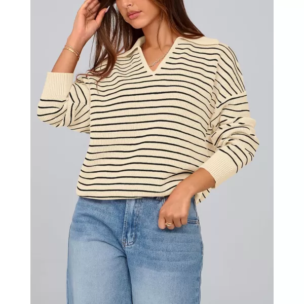 BTFBM Womens Striped Long Sleeve Sweater 2024 Fall Winter Fashion V Neck Lapel Collar Ribbed Knit Loose Pullover TopsStriped Apricot