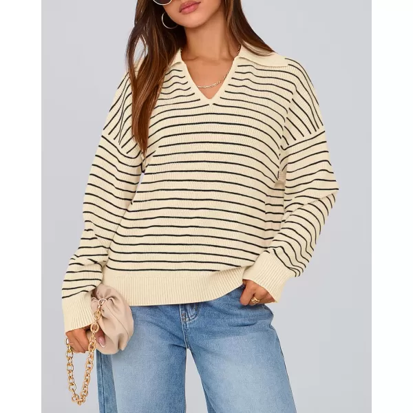 BTFBM Womens Striped Long Sleeve Sweater 2024 Fall Winter Fashion V Neck Lapel Collar Ribbed Knit Loose Pullover TopsStriped Apricot