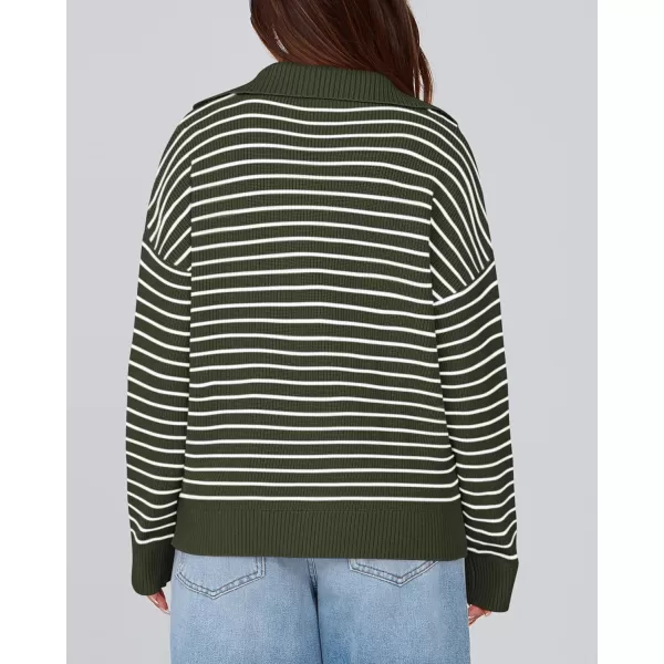 BTFBM Womens Striped Long Sleeve Sweater 2024 Fall Winter Fashion V Neck Lapel Collar Ribbed Knit Loose Pullover TopsStriped Army Green