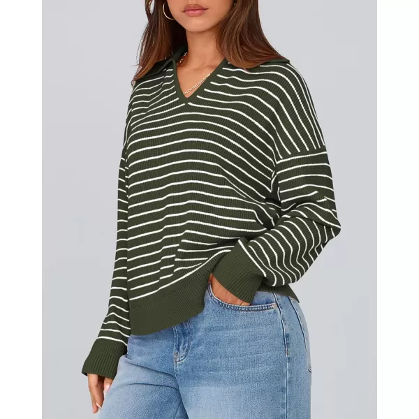 BTFBM Womens Striped Long Sleeve Sweater 2024 Fall Winter Fashion V Neck Lapel Collar Ribbed Knit Loose Pullover TopsStriped Army Green