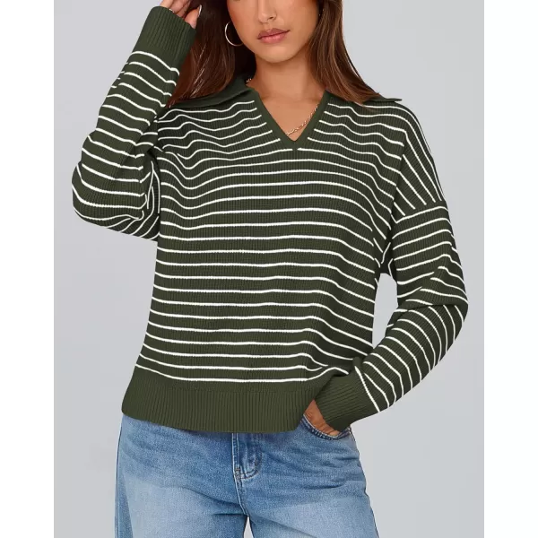 BTFBM Womens Striped Long Sleeve Sweater 2024 Fall Winter Fashion V Neck Lapel Collar Ribbed Knit Loose Pullover TopsStriped Army Green