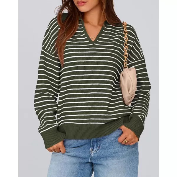 BTFBM Womens Striped Long Sleeve Sweater 2024 Fall Winter Fashion V Neck Lapel Collar Ribbed Knit Loose Pullover TopsStriped Army Green