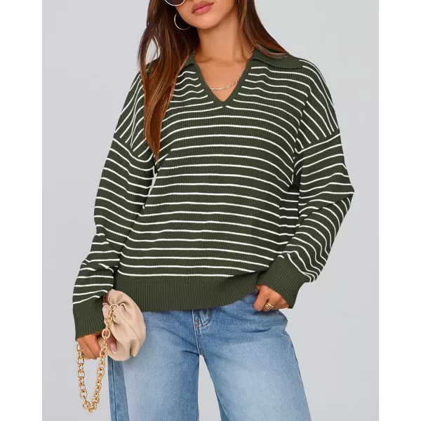 BTFBM Womens Striped Long Sleeve Sweater 2024 Fall Winter Fashion V Neck Lapel Collar Ribbed Knit Loose Pullover TopsStriped Army Green