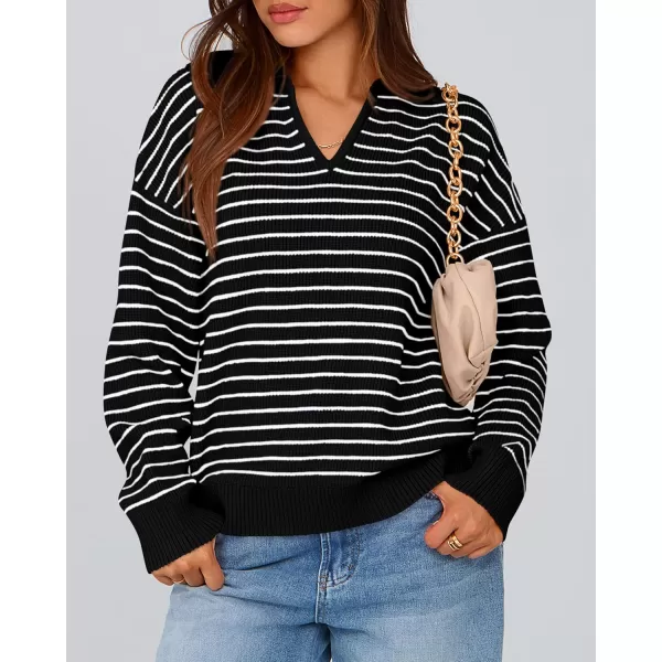 BTFBM Womens Striped Long Sleeve Sweater 2024 Fall Winter Fashion V Neck Lapel Collar Ribbed Knit Loose Pullover TopsStriped Black White