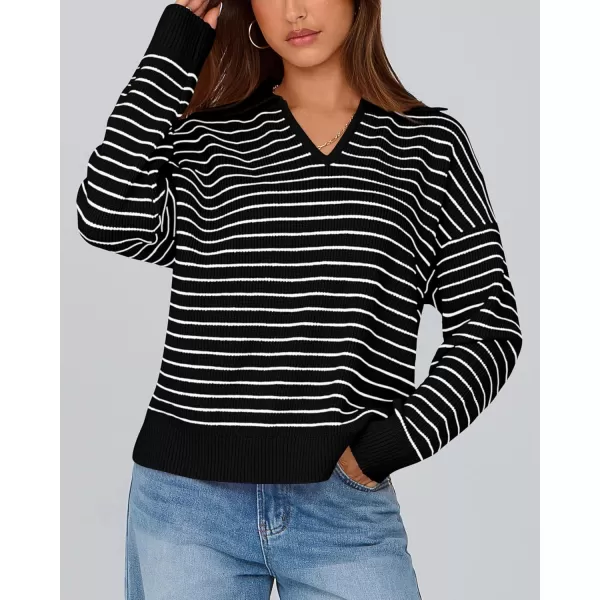 BTFBM Womens Striped Long Sleeve Sweater 2024 Fall Winter Fashion V Neck Lapel Collar Ribbed Knit Loose Pullover TopsStriped Black White