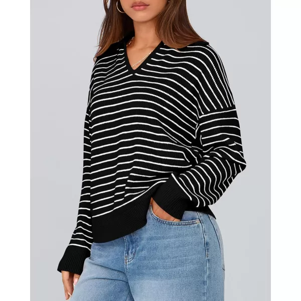 BTFBM Womens Striped Long Sleeve Sweater 2024 Fall Winter Fashion V Neck Lapel Collar Ribbed Knit Loose Pullover TopsStriped Black White