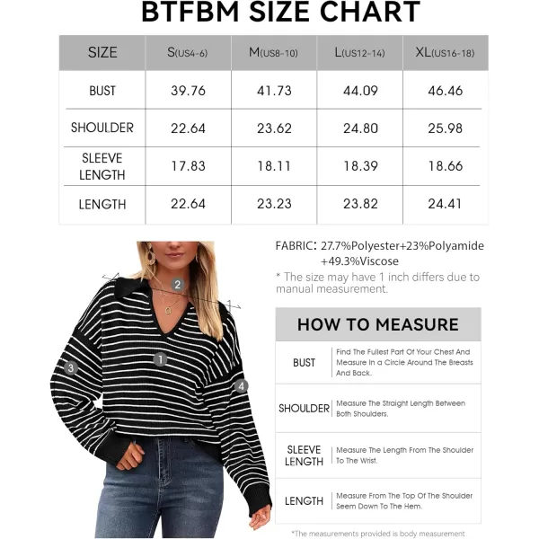 BTFBM Womens Striped Long Sleeve Sweater 2024 Fall Winter Fashion V Neck Lapel Collar Ribbed Knit Loose Pullover TopsStriped Black White