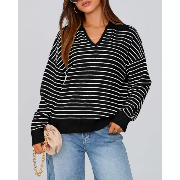 BTFBM Womens Striped Long Sleeve Sweater 2024 Fall Winter Fashion V Neck Lapel Collar Ribbed Knit Loose Pullover TopsStriped Black White