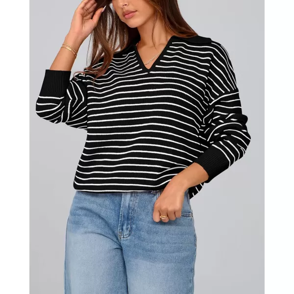 BTFBM Womens Striped Long Sleeve Sweater 2024 Fall Winter Fashion V Neck Lapel Collar Ribbed Knit Loose Pullover TopsStriped Black White