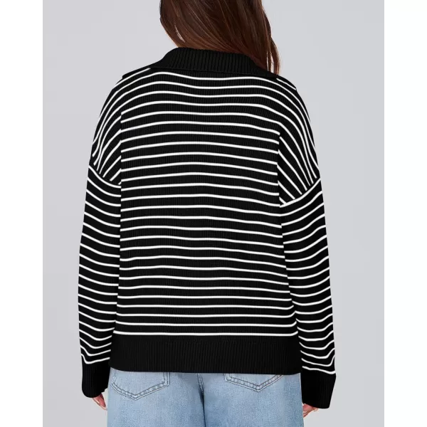 BTFBM Womens Striped Long Sleeve Sweater 2024 Fall Winter Fashion V Neck Lapel Collar Ribbed Knit Loose Pullover TopsStriped Black White