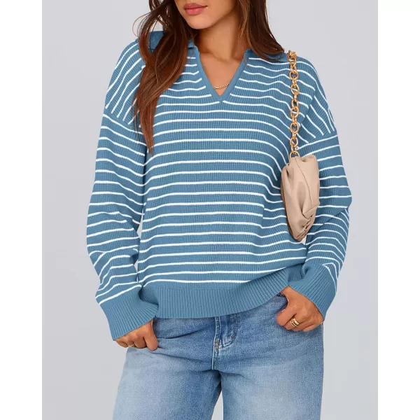 BTFBM Womens Striped Long Sleeve Sweater 2024 Fall Winter Fashion V Neck Lapel Collar Ribbed Knit Loose Pullover TopsStriped Blue White
