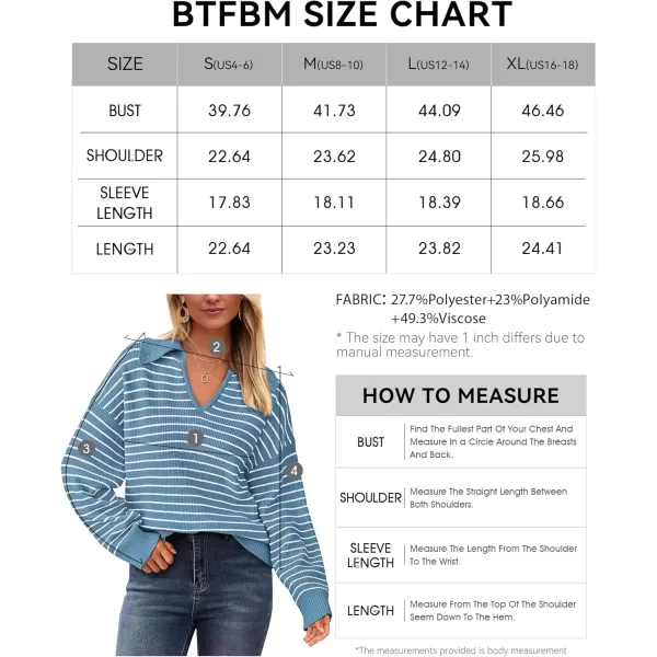 BTFBM Womens Striped Long Sleeve Sweater 2024 Fall Winter Fashion V Neck Lapel Collar Ribbed Knit Loose Pullover TopsStriped Blue White