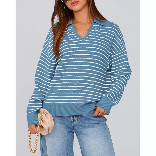 BTFBM Womens Striped Long Sleeve Sweater 2024 Fall Winter Fashion V Neck Lapel Collar Ribbed Knit Loose Pullover TopsStriped Blue White