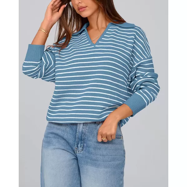 BTFBM Womens Striped Long Sleeve Sweater 2024 Fall Winter Fashion V Neck Lapel Collar Ribbed Knit Loose Pullover TopsStriped Blue White