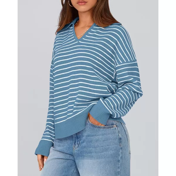 BTFBM Womens Striped Long Sleeve Sweater 2024 Fall Winter Fashion V Neck Lapel Collar Ribbed Knit Loose Pullover TopsStriped Blue White