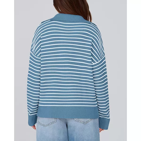 BTFBM Womens Striped Long Sleeve Sweater 2024 Fall Winter Fashion V Neck Lapel Collar Ribbed Knit Loose Pullover TopsStriped Blue White