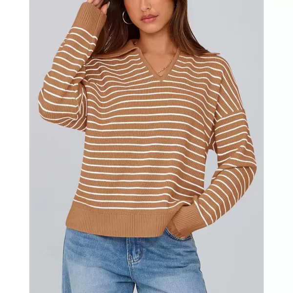 BTFBM Womens Striped Long Sleeve Sweater 2024 Fall Winter Fashion V Neck Lapel Collar Ribbed Knit Loose Pullover TopsStriped Khaki