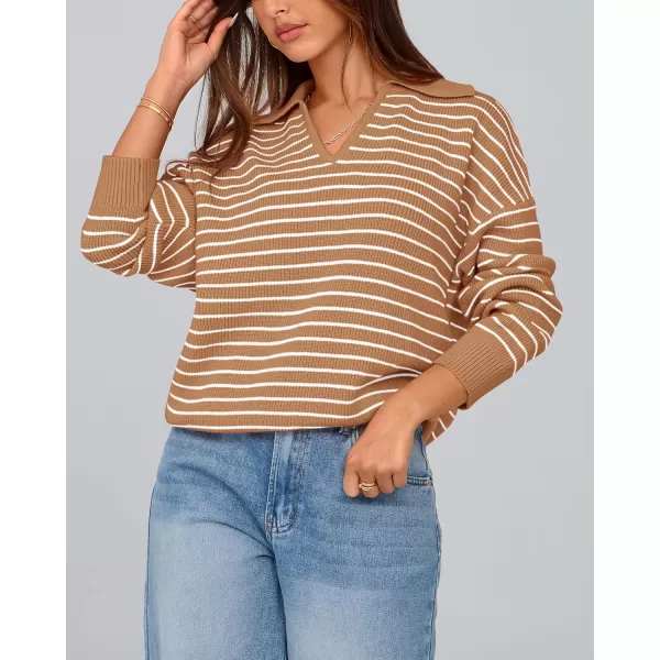 BTFBM Womens Striped Long Sleeve Sweater 2024 Fall Winter Fashion V Neck Lapel Collar Ribbed Knit Loose Pullover TopsStriped Khaki