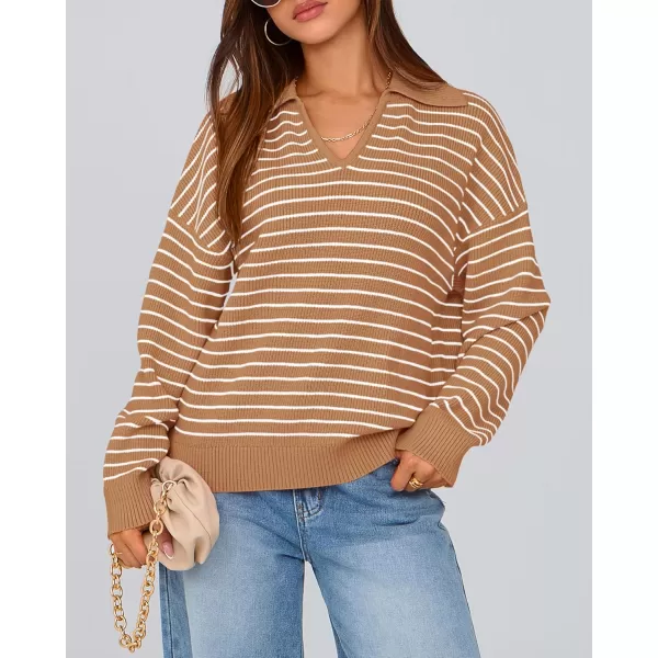 BTFBM Womens Striped Long Sleeve Sweater 2024 Fall Winter Fashion V Neck Lapel Collar Ribbed Knit Loose Pullover TopsStriped Khaki