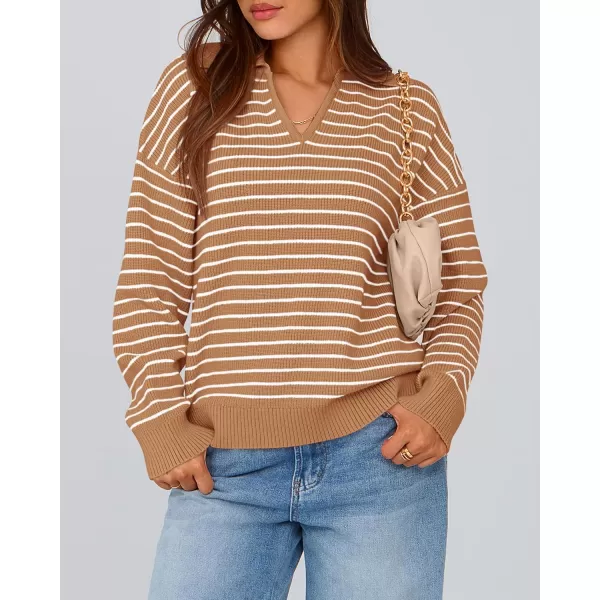 BTFBM Womens Striped Long Sleeve Sweater 2024 Fall Winter Fashion V Neck Lapel Collar Ribbed Knit Loose Pullover TopsStriped Khaki