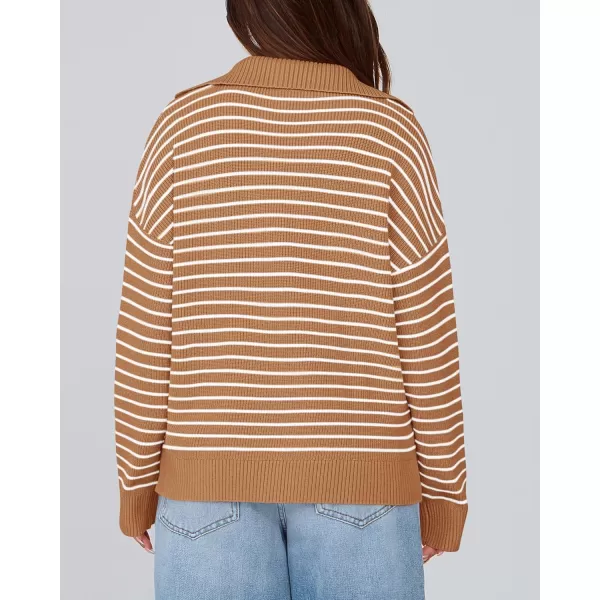 BTFBM Womens Striped Long Sleeve Sweater 2024 Fall Winter Fashion V Neck Lapel Collar Ribbed Knit Loose Pullover TopsStriped Khaki