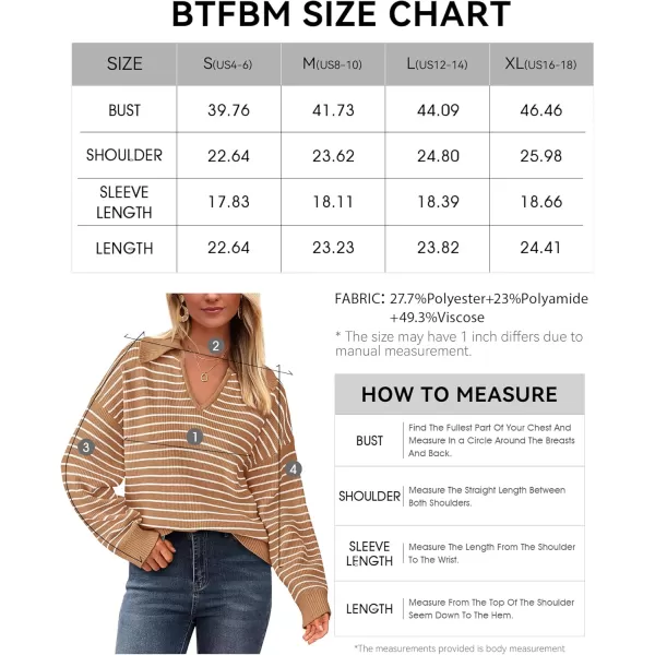 BTFBM Womens Striped Long Sleeve Sweater 2024 Fall Winter Fashion V Neck Lapel Collar Ribbed Knit Loose Pullover TopsStriped Khaki