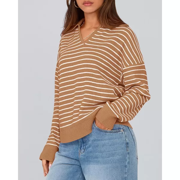 BTFBM Womens Striped Long Sleeve Sweater 2024 Fall Winter Fashion V Neck Lapel Collar Ribbed Knit Loose Pullover TopsStriped Khaki